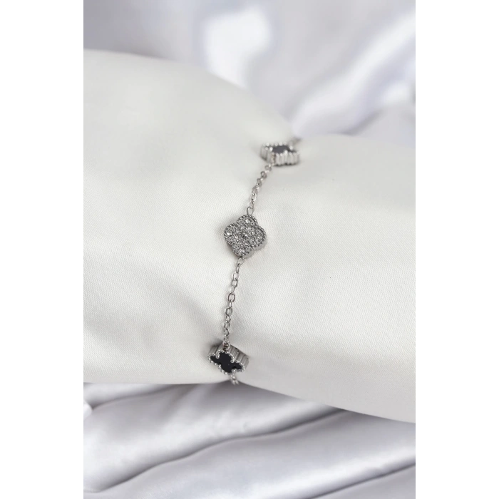 316L Çelik Gümüş Renk Siyah ve Zirkon Taşlı Baby Boy Yonca Kadın Bileklik