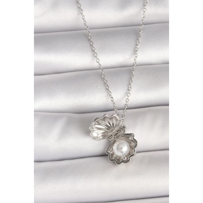 316L Çelik Gümüş Renk Zincir Açılır İncili Midye Model Kadın Kolye