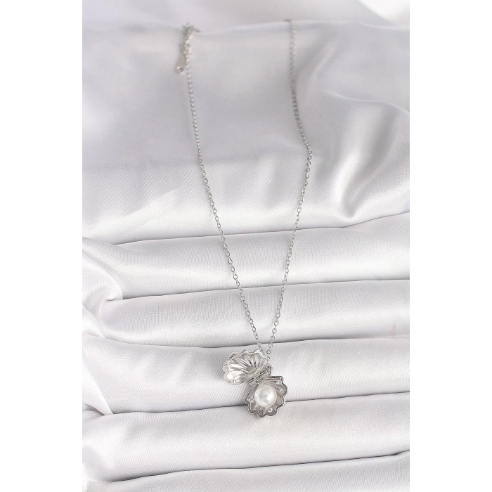 316L Çelik Gümüş Renk Zincir Açılır İncili Midye Model Kadın Kolye