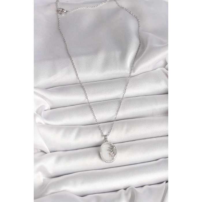 316L Çelik Gümüş Renk Zincir Beyaz Mineli Gün Batımı Model Zirkon Taş Detaylı Kadın Kolye