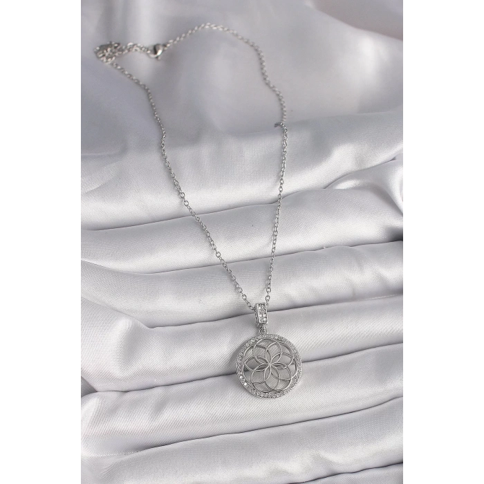 316L Çelik Gümüş Renk Zincir Zirkon Taşlı Lotus Model Kadın Kolye
