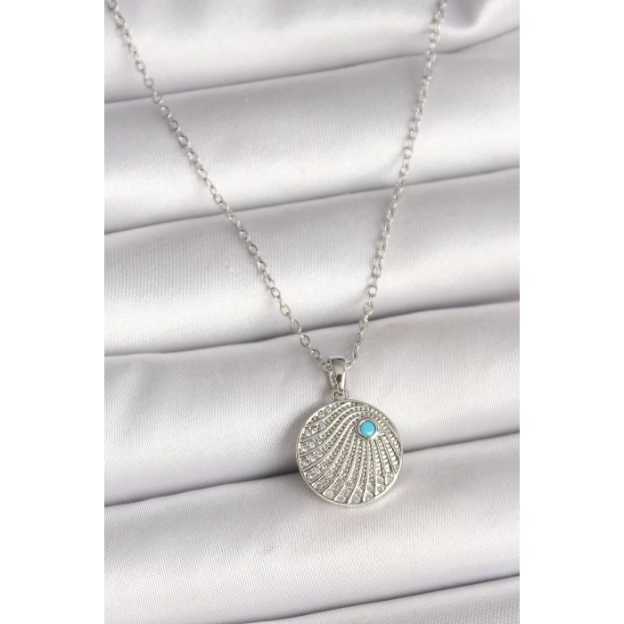 316L Çelik Gümüş Renk Zincir Zirkon Taşlı Mavi Taş Detaylı Madalyon Model Kadın Kolye