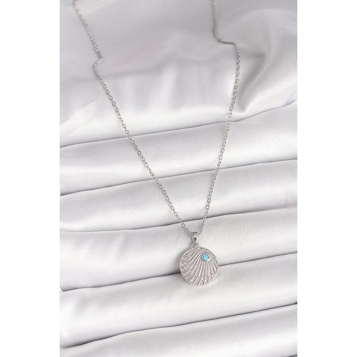 316L Çelik Gümüş Renk Zincir Zirkon Taşlı Mavi Taş Detaylı Madalyon Model Kadın Kolye