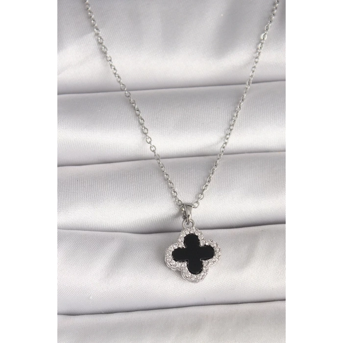 316L Çelik Gümüş Renk Zincir Zirkon Taşlı Yonca Model Kadın Kolye