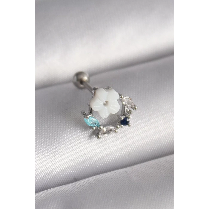 316L Çelik Gümüş Renk Zirkon Taş Detay Beyaz Çiçek Model Tragus Piercing