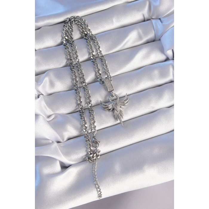 316L Çelik Gümüş Renk Zirkon Taşlı Anka Kuşu Model Kolye