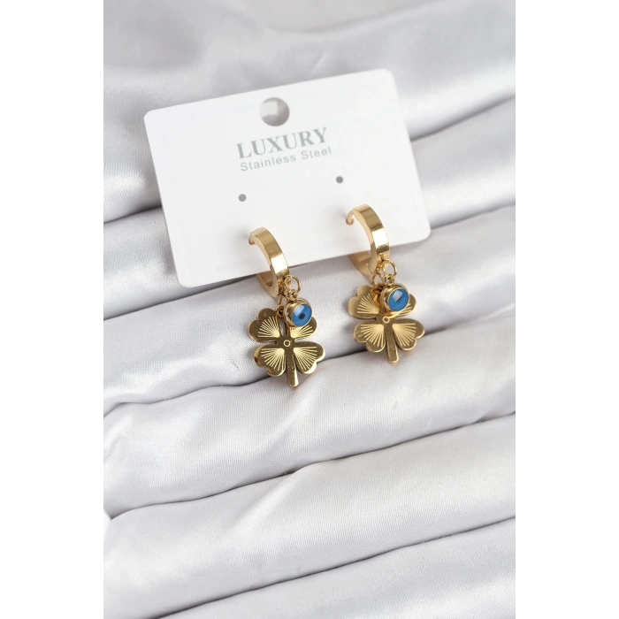 316L Çelik Nazarlı Yonca Model Kadın Küpe