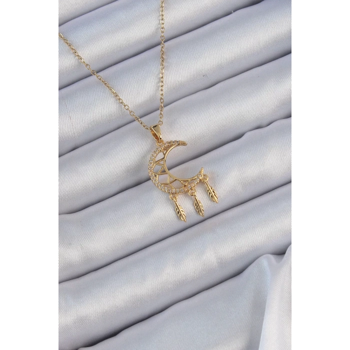 316L Çelik Zincir Altın Renk İşlemeli Zirkon Taşlı Ay Kolye