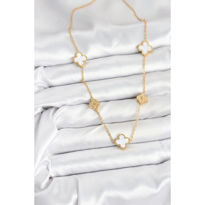 316L Çelik Zincir Gold Renk Beyaz ve Zirkon Taşlı Yonca Kadın Kolye
