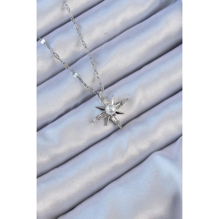 316L Çelik Zincir Gümüş Renk Baget Taşlı İnci Detay Kutup Yıldızı Kolye