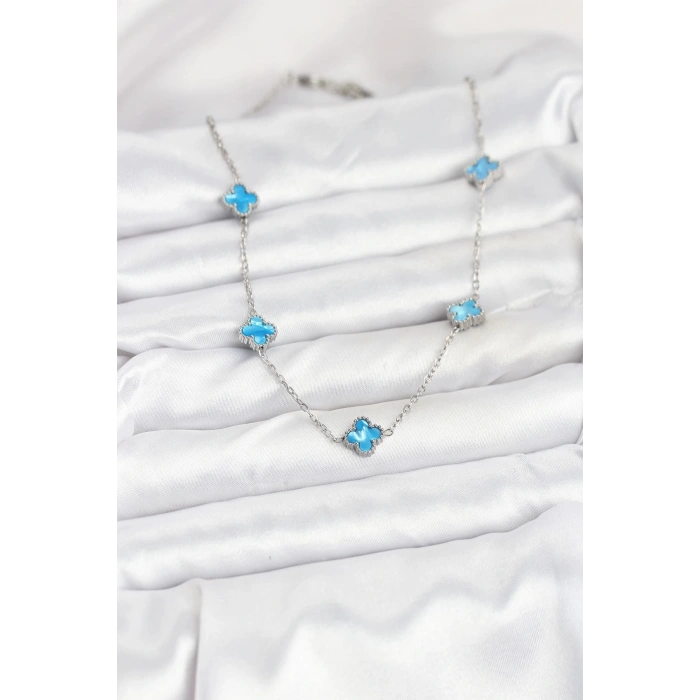 316L Çelik Zincir Gümüş Renk Buz Mavisi Baby Boy Yonca Kadın Kolye