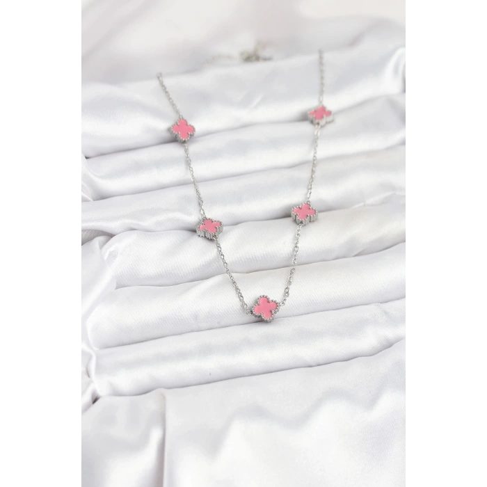 316L Çelik Zincir Gümüş Renk Pembe Baby Boy Yonca Kadın Kolye