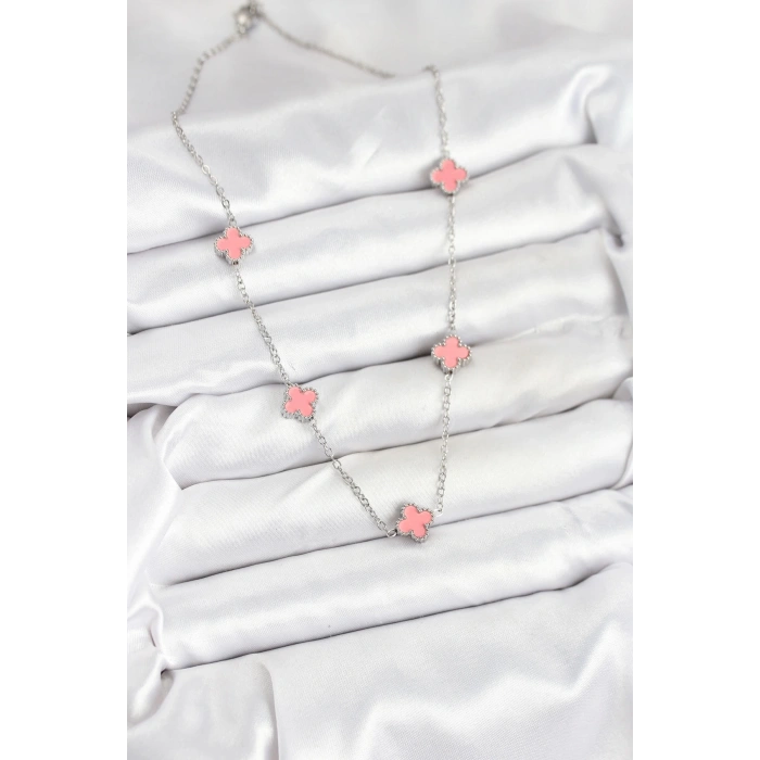 316L Çelik Zincir Gümüş Renk Pembe Baby Boy Yonca Kadın Kolye