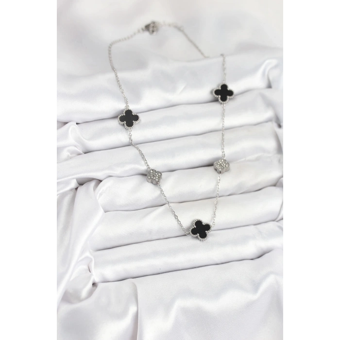 316L Çelik Zincir Gümüş Renk Siyah ve Zirkon Taşlı Yonca Kadın Kolye