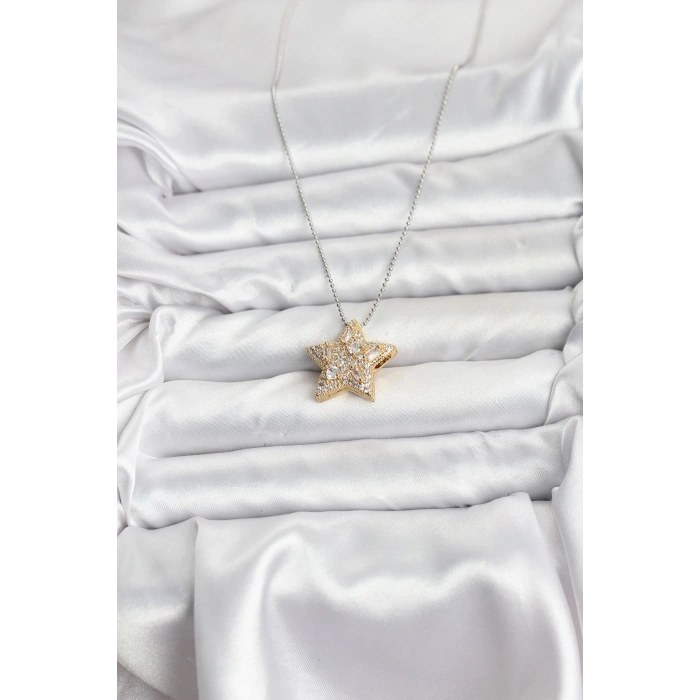 316L Çelik Zincir Gümüş Renk Zincirli Gold Yıldız Model Kadın Kolye