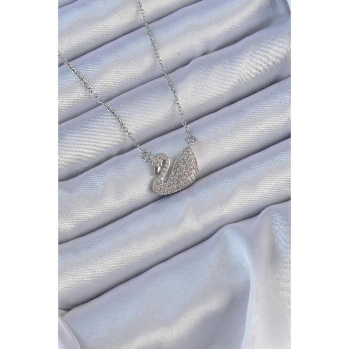 316L Çelik Zincir Gümüş Renk Zirkon Taşlı Kuğu Kolye