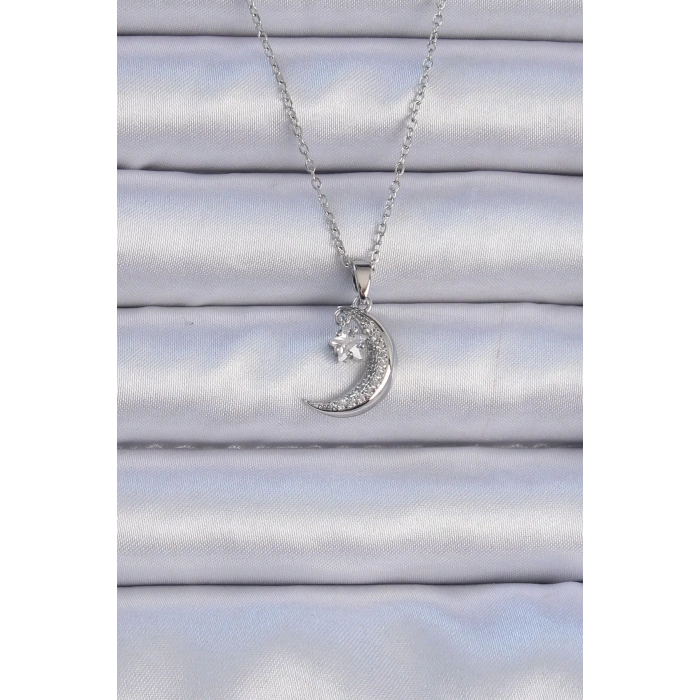 316L Çelik Zincir Gümüş Renk Zirkon Taşlı Sallantılı Ay Yıldız Kolye