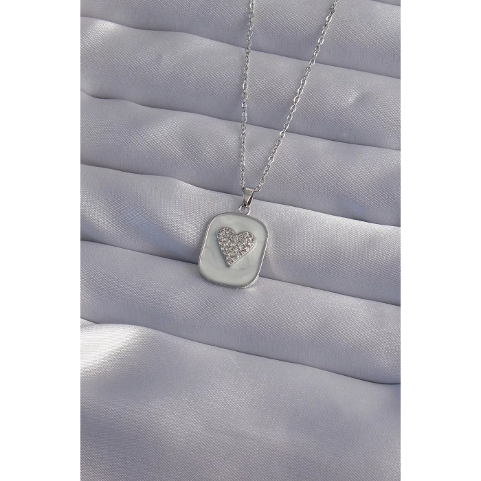 316L Çelik Zincir Mermer Desenli Gümüş Renk Zirkon Taşlı Kalp Model Kolye