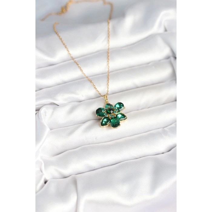 316L Çelik Zincirli Yeşil Çiçek Model Kadın Kolye