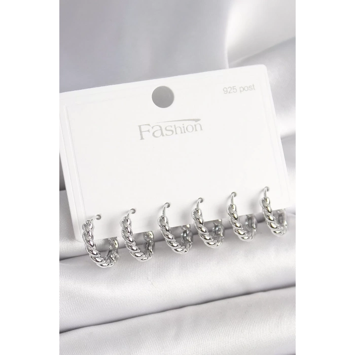 925 Ayar Gümüş Çivi Pirinç Gümüş Renk Sarmal Halka Model Kadın Küpe Seti