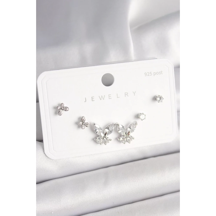 925 Ayar Gümüş Çivi Pirinç Zirkon Taşlı Kelebek Model Kadın Küpe Seti