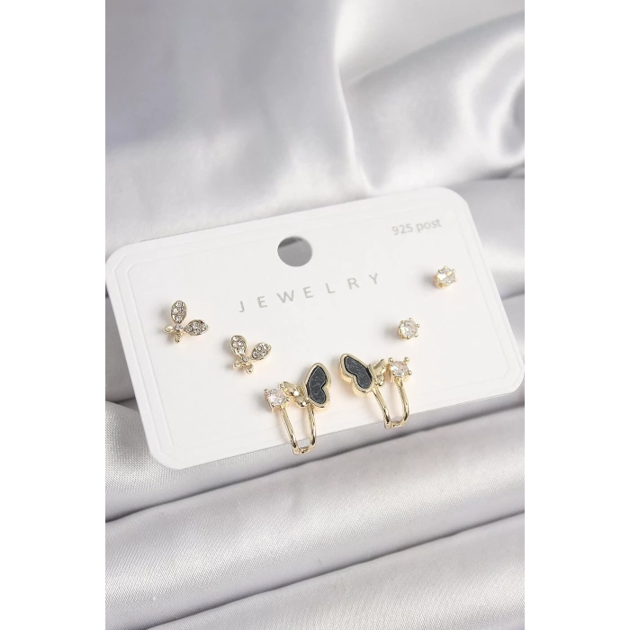 925 Ayar Gümüş Çivi Pirinç Zirkon Taşlı Kelebek Model Kadın Küpe Seti