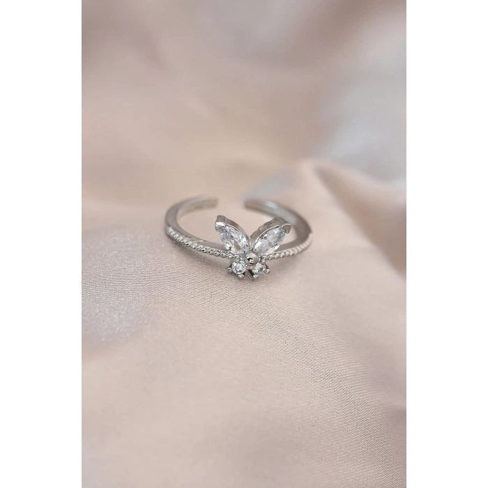 Ayarlamalı Gümüş Renk Metal Zirkon Taş ve Kristal Taşlı Kelebek Model Yüzük
