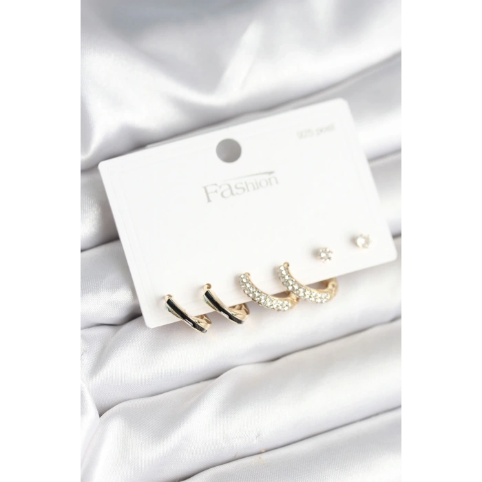 Gold Renk Pirinç Zirkon Taşlı 925 Ayar Gümüş Çivili Kadın Küpe Seti