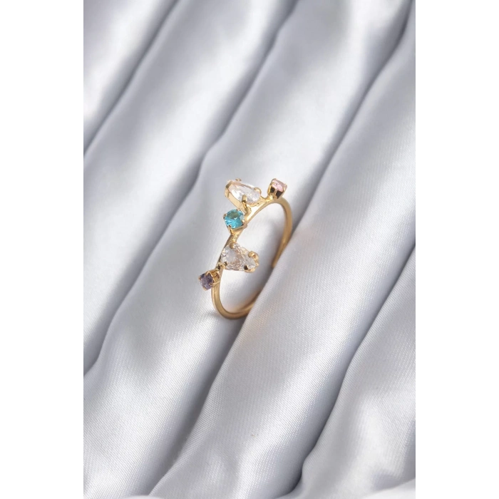 Gold Renk Renkli Zirkon Taşlı Kadın Yüzük