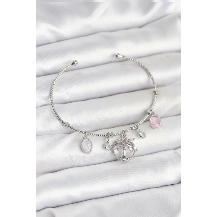 Hayat Ağacı Charmlı Gümüş Renk Pirinç Kadın Bileklik