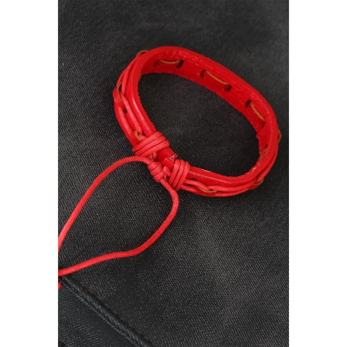 Kırmızı Renk Ayarlamalı İpli Deri Erkek Bileklik