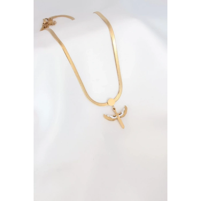 Mikail Figür Zirkon Taş Detay Gold Renk Çelik İtalyan Zincir Kadın Kolye