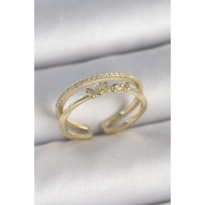 Pirinç Gold Renk 2Li Sıra Zirkon Taş Detaylı Kelebek Figürlü Ayarlanabilir Model Kadın Yüzük