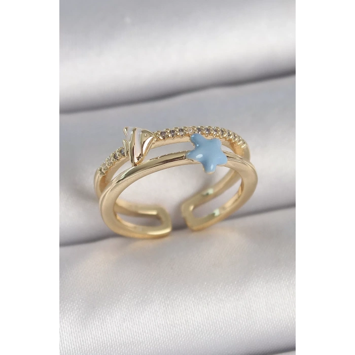 Pirinç Gold Renk 2Li Zirkon Taşlı Mavi Yıldız Figür Ayarlanabilir Kadın Yüzük