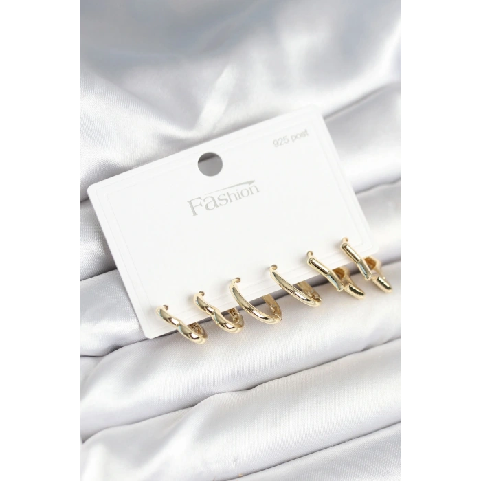 Pirinç Gold Renk Kalp Yıldız ve Halka Model 925 Ayar Gümüş Çivili Kadın Küpe Seti