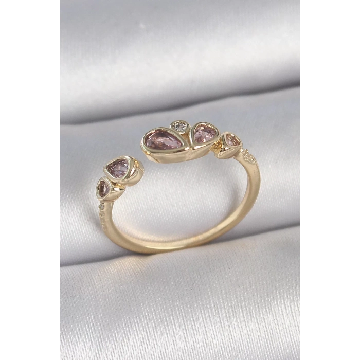 Pirinç Gold Renk Pembe Damla Zirkon Taşlı Ayarlanabilir Kadın Yüzük