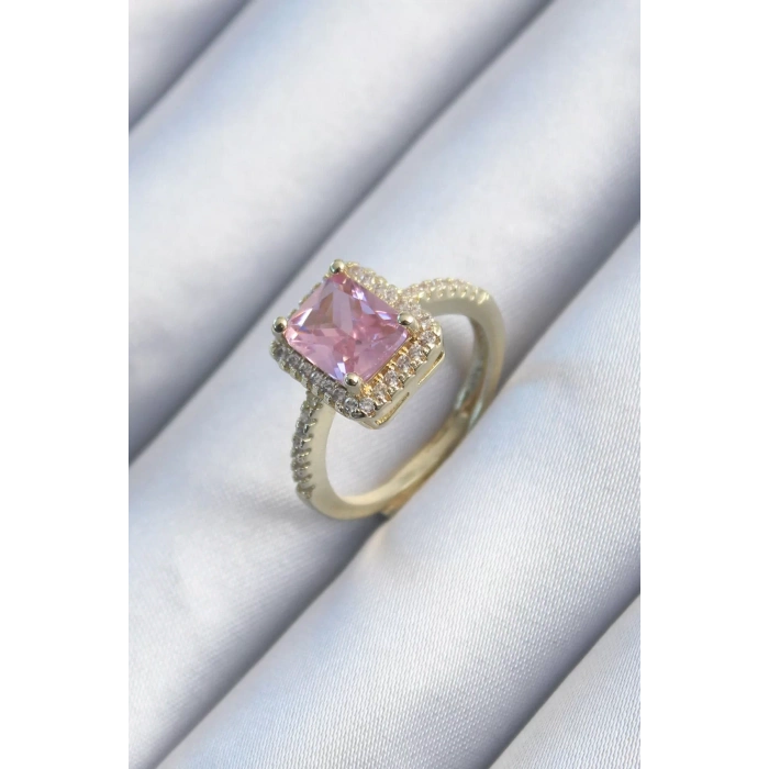 Pirinç Gold Renk Pembe Zirkon Taşlı Kadın Yüzük