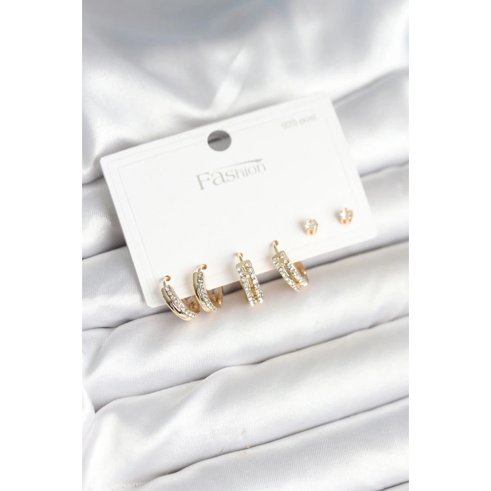 Pirinç Gold Renk Zirkon Taşlı 925 Gümüş Çivili Kadın Küpe Seti