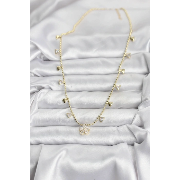 Pirinç Gold Renk Zirkon Taşlı Çiçek Model Kadın Kolye