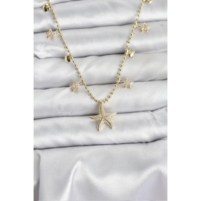 Pirinç Gold Renk Zirkon Taşlı Deniz Yıldızı Model Kadın Kolye