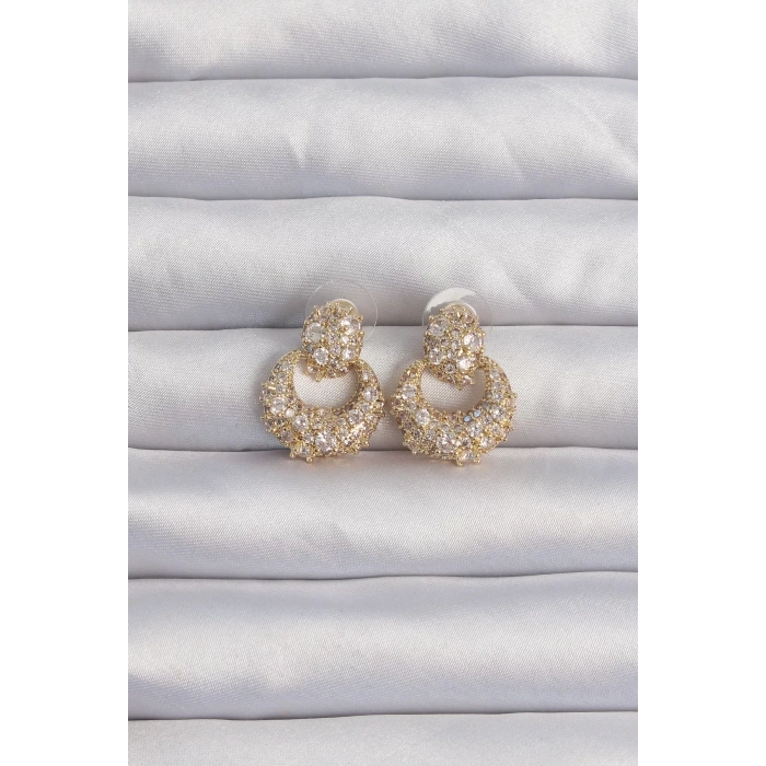 Pirinç Gold Renk Zirkon Taşlı Oval Form Küpe