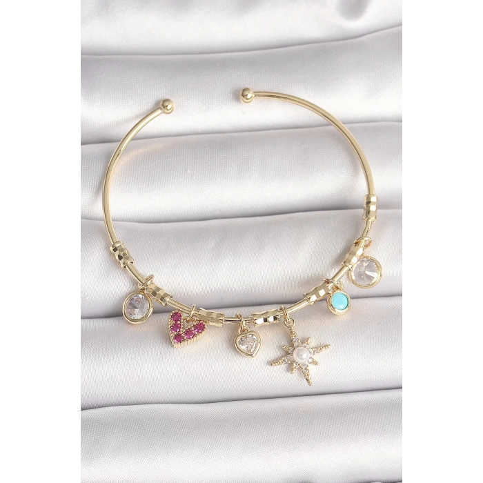 Pirinç Gold Renk Zirkon Taşlı Sallantı Kutup Yıldız Figür İnci Detay Charm Kadın Bileklik