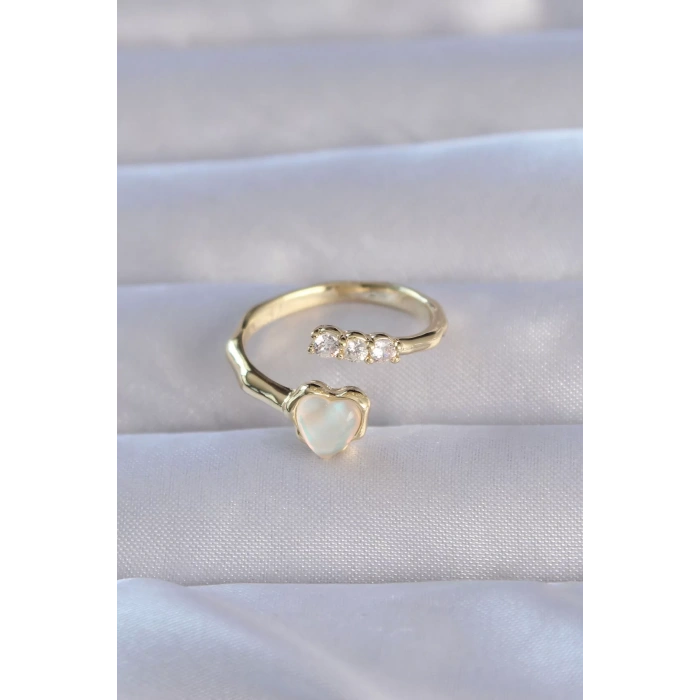 Pirinç Gold Renk Zirkon Taşlı Sedefli Kalp Model Ayarlanabilir Yüzük