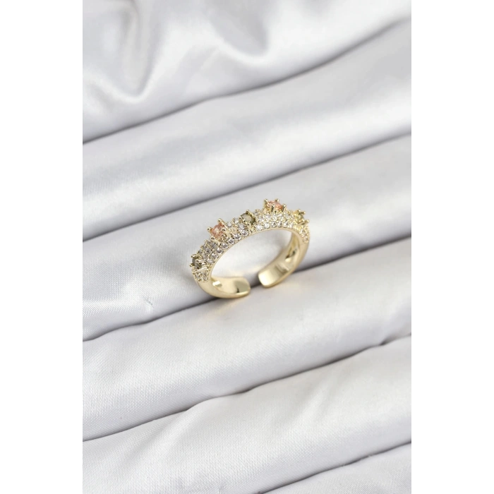 Pirinç Gold Renk Zirkon Taşlı Vintage Kadın Yüzük