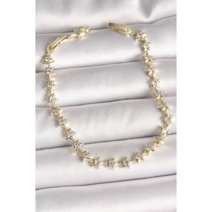 Pirinç Gold Renk Zirkon Taşlı Yıldız Model VIP Seri Kadın Bileklik