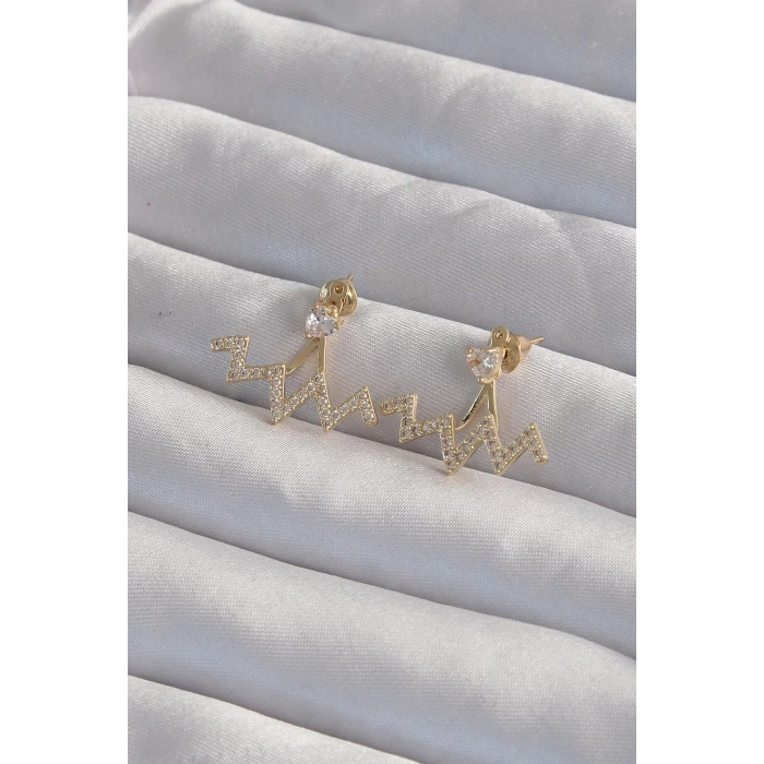 Pirinç Gold Renk Zirkon Taşlı Zikzak Küpe