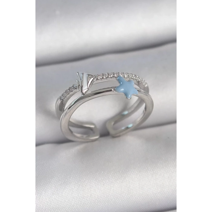 Pirinç Gümüş Renk 2Li Zirkon Taşlı Mavi Yıldız Figür Ayarlanabilir Kadın Yüzük