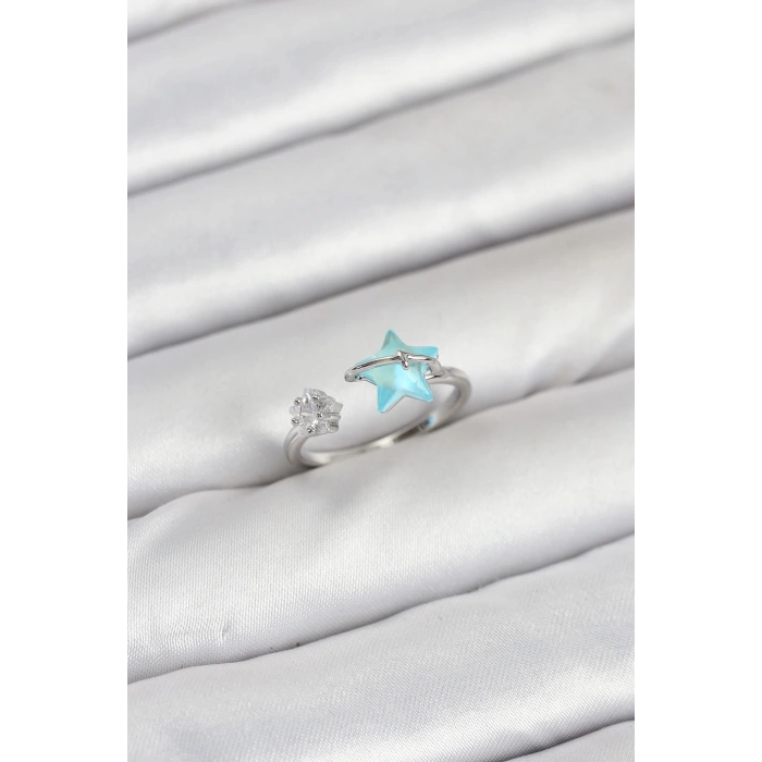 Pirinç Gümüş Renk Mavi Yıldızlı Model Kadın Yüzük