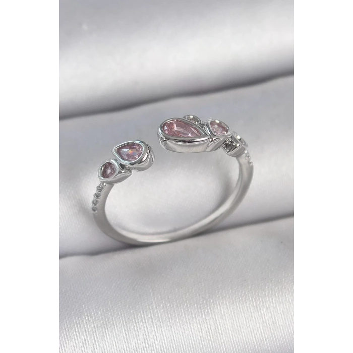 Pirinç Gümüş Renk Pembe Damla Zirkon Taşlı Ayarlanabilir Model Kadın Yüzük