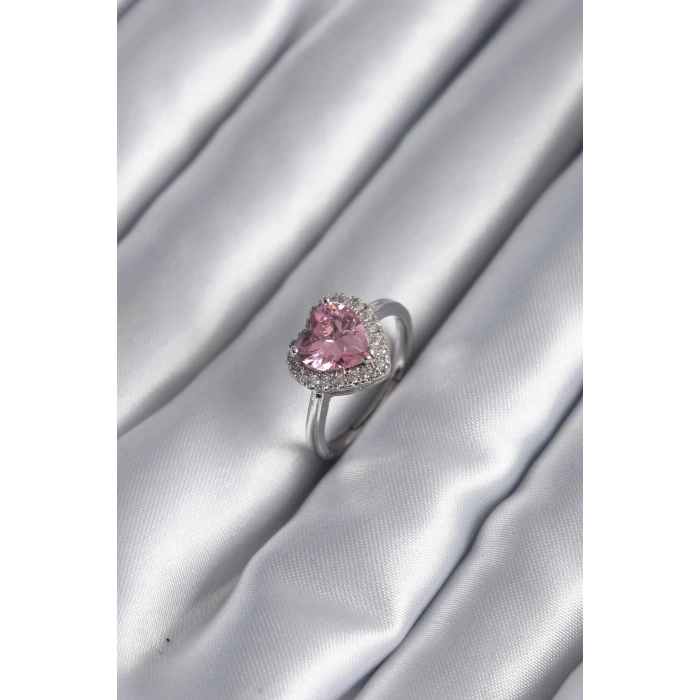 Pirinç Gümüş Renk Pembe Zirkon Taş Kalp Charm Model Kadın Yüzük